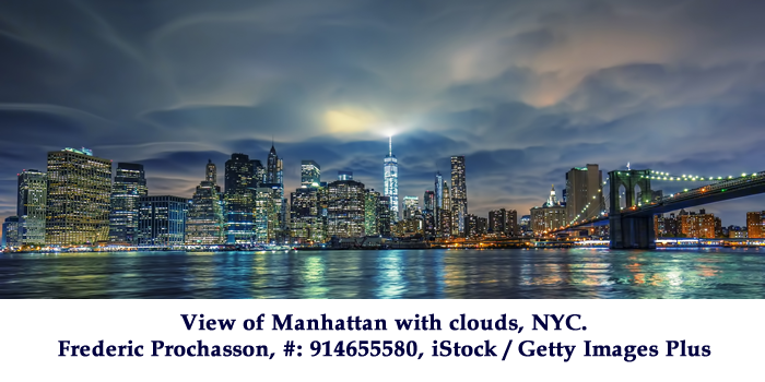 View of Manhattan with clouds, NYC.